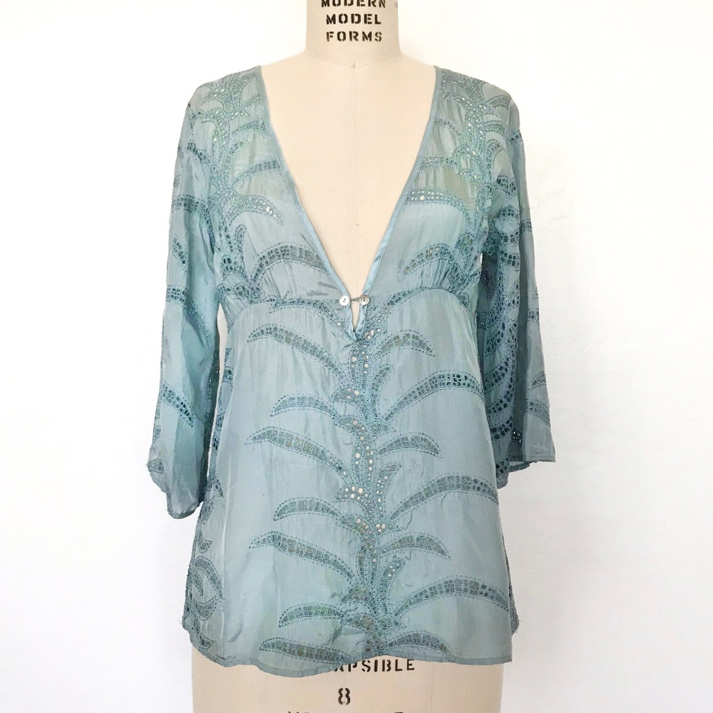 GOLD HAWK - Pale Blue Silk Top w/ Flared Sleeves